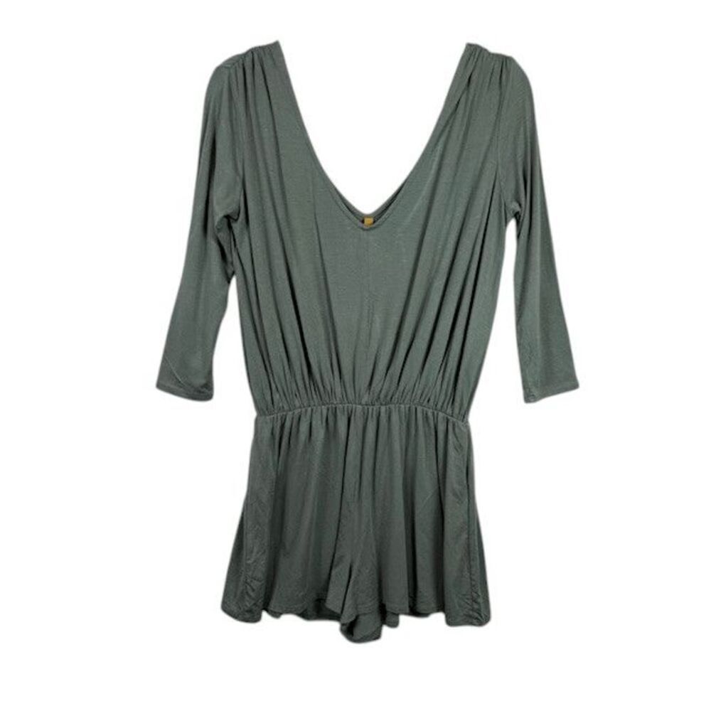 Rachel Pally Modal Short Romper 3/4 Sleeve Sage Green Deep V-Neck Size Medium